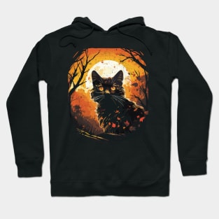 Retro Vintage Style Halloween Black Cat, Autumn Moon Hoodie